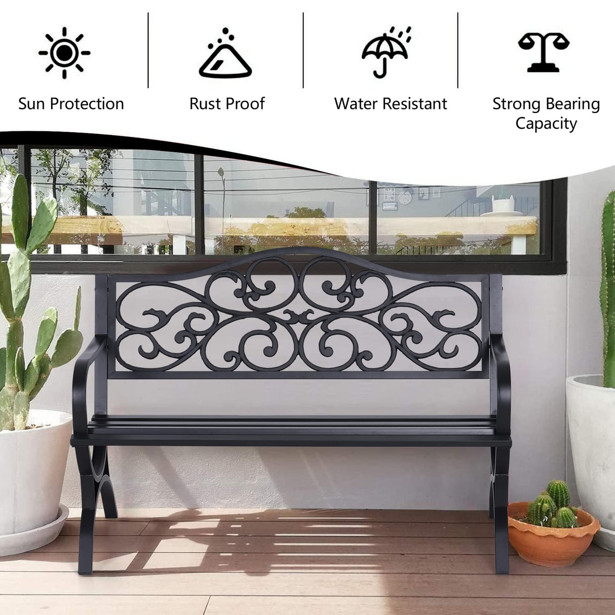 50‘’ Outdoor Garden Bench Patio Park Bench, Cast Iron Frame Furniture
