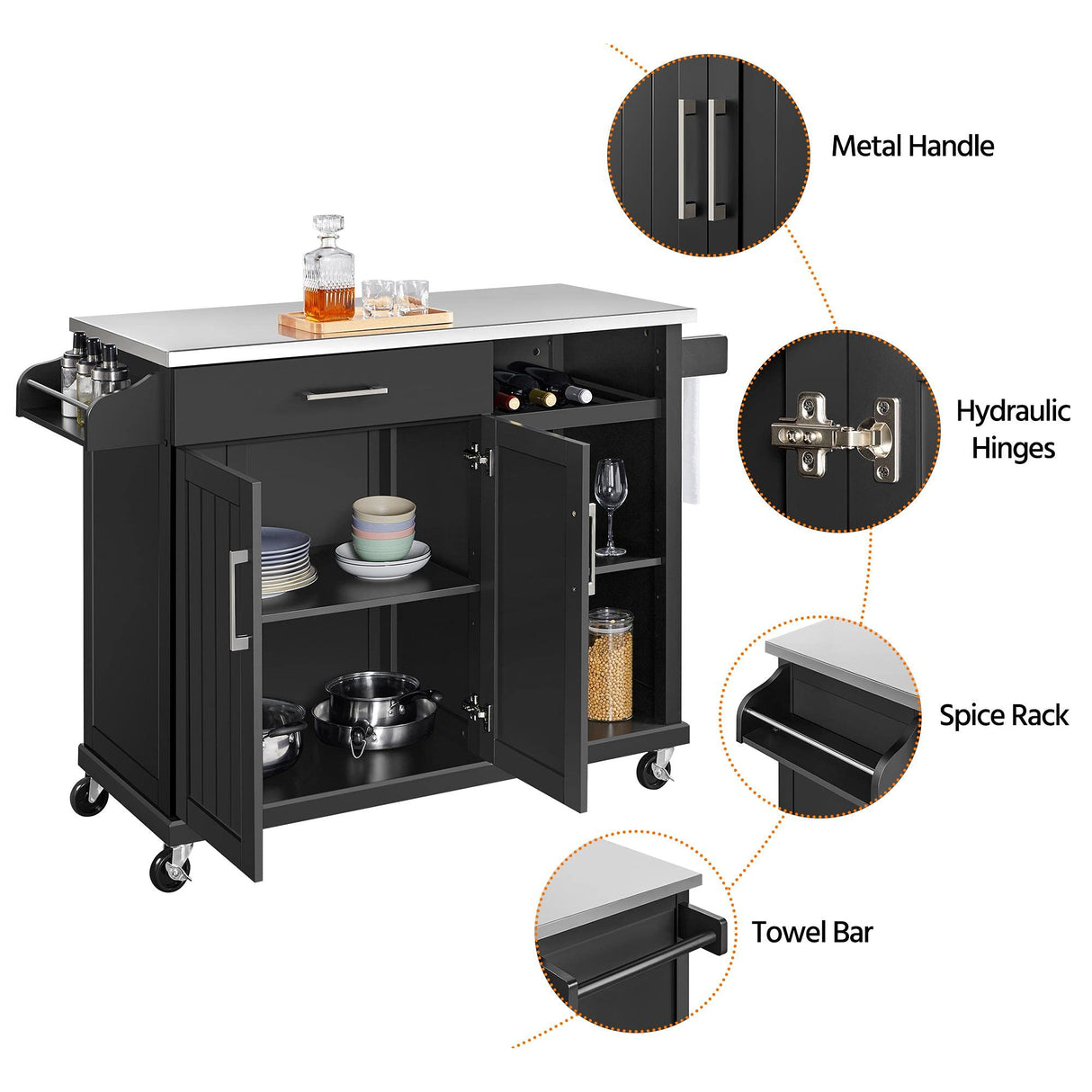 Kitchen Cart with Stainless Steel Top and Storage Cabinet, Kitchen Island