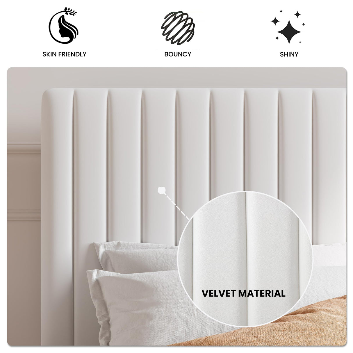 King Upholstered Platform Bed Frame with Vertical Channel Tufted Velvet