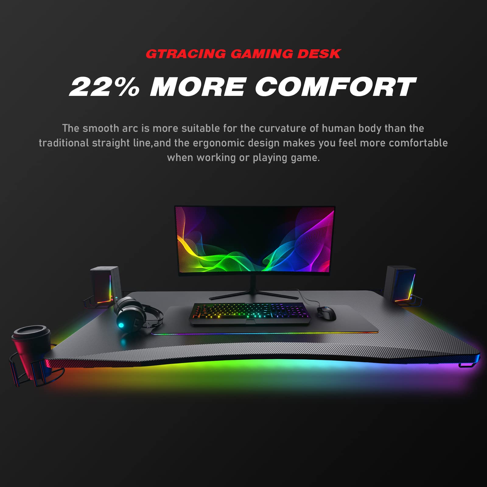 Gaming Desk with Led Strip Lights, 44 Inch Ergonomic Z-Shaped Carbon Fiber
