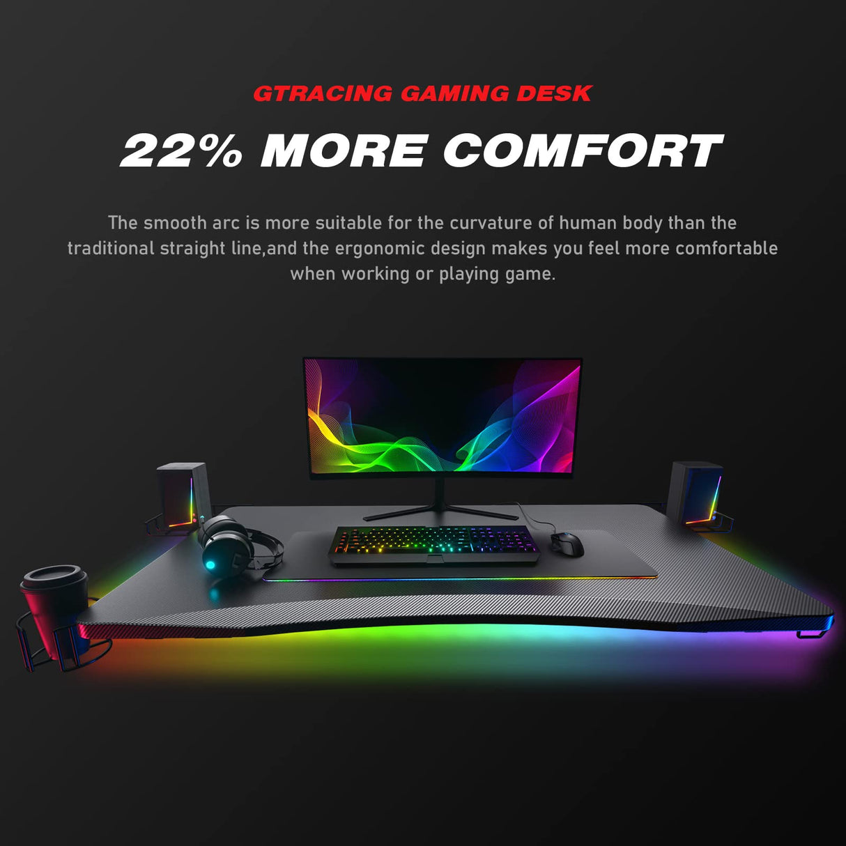 Gaming Desk with Led Strip Lights, 44 Inch Ergonomic Z-Shaped Carbon Fiber