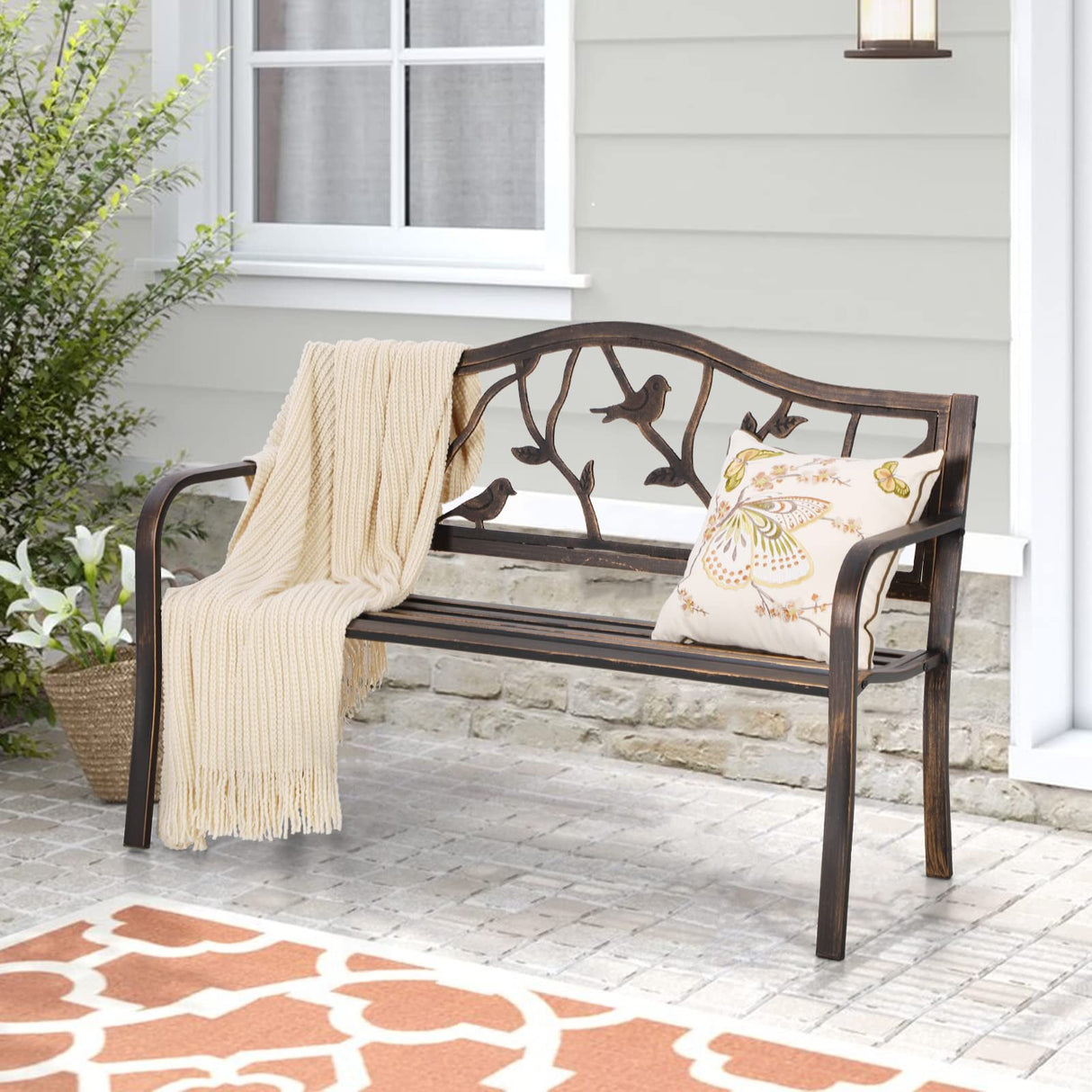 Outdoor Garden Park Bench Patio , Bench with Backrest and Armrests