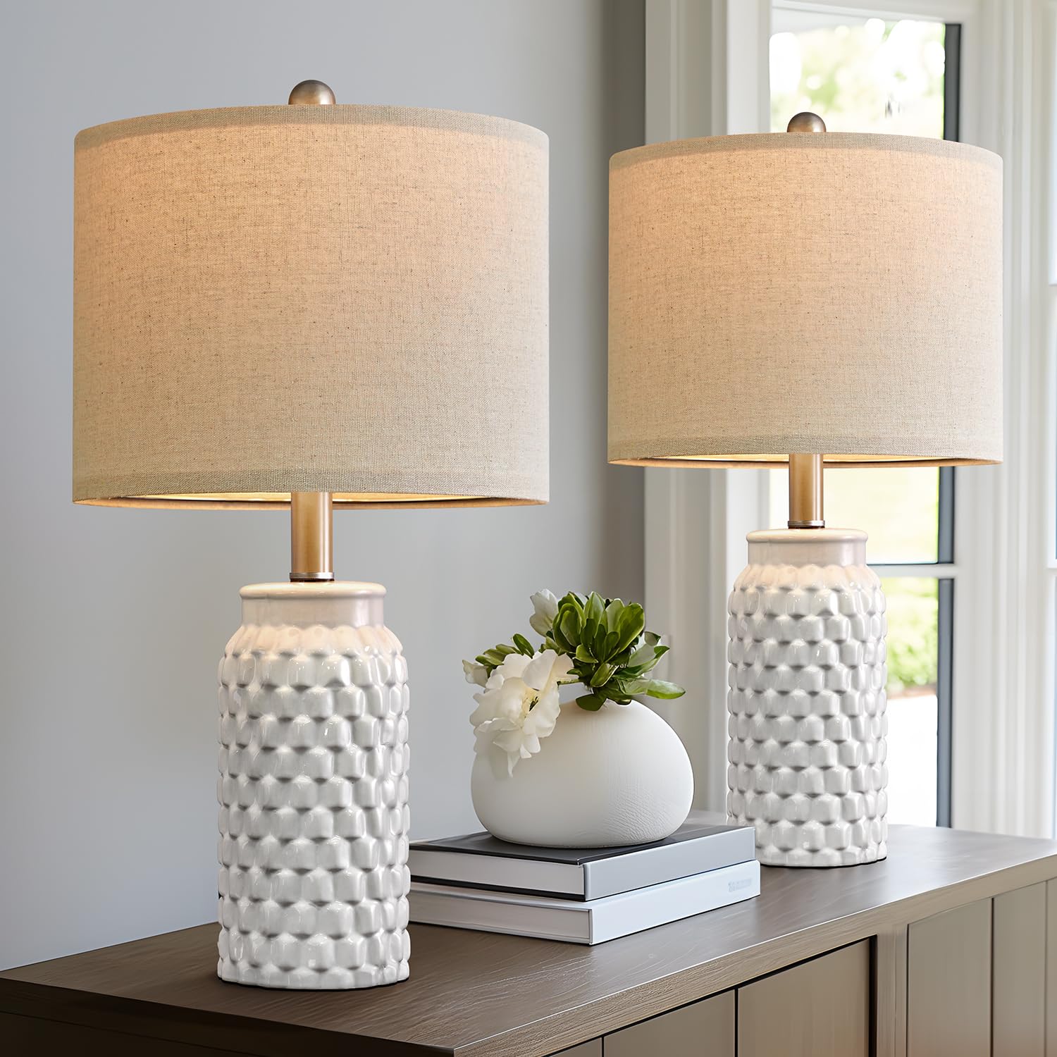 20.5 inches Modern Ceramic White Bedside Lamp Set of 2