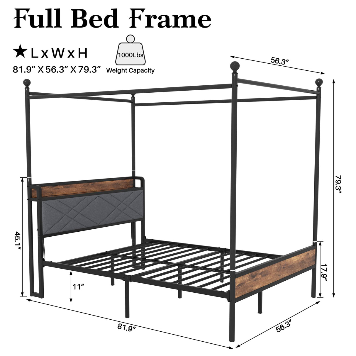 Canopy Bed Frames Full Size Metal Platform with Charging Station, Headboard and Footboard