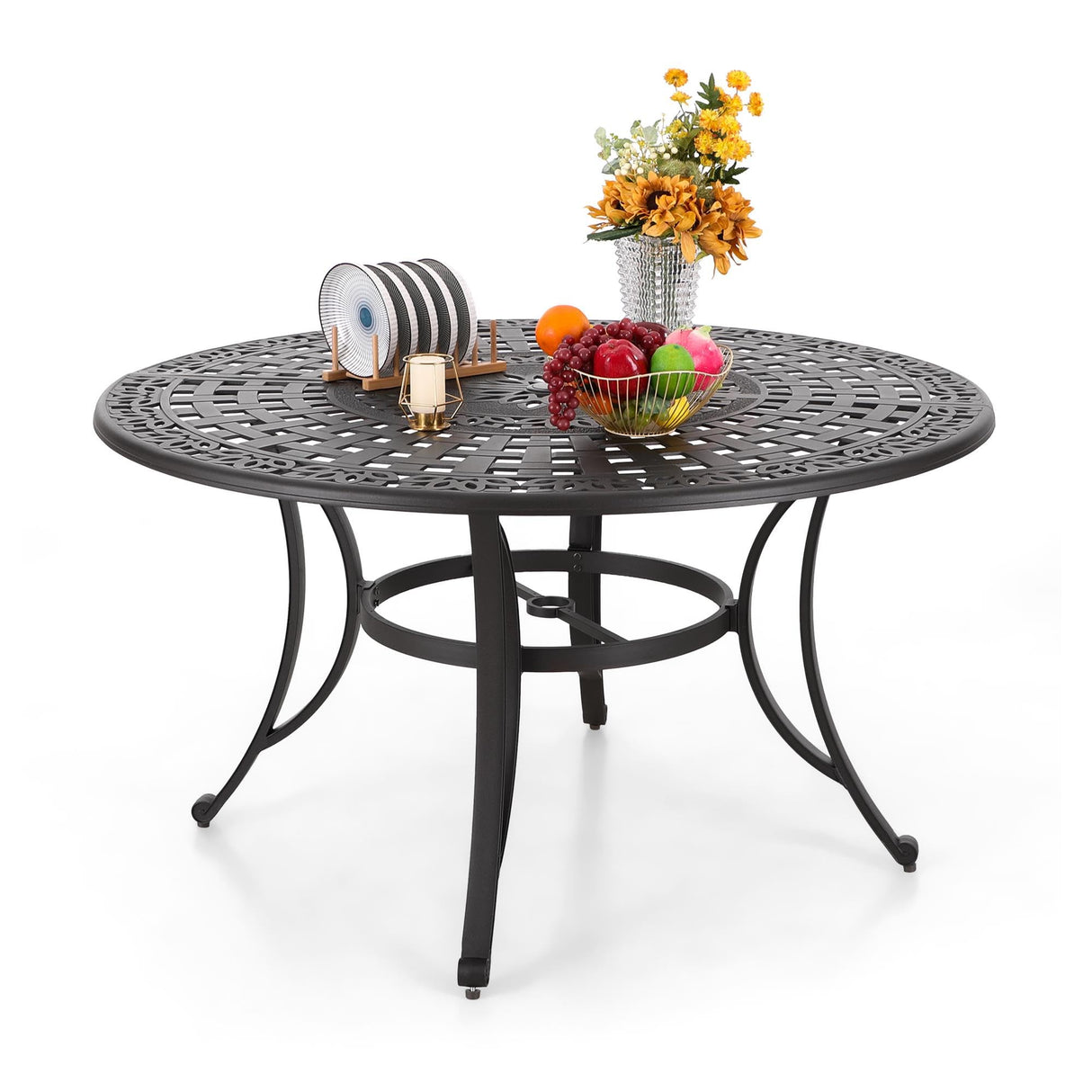 Cast Round Tables for 6 Person, 54" Dia Engraved Cast-Top Table