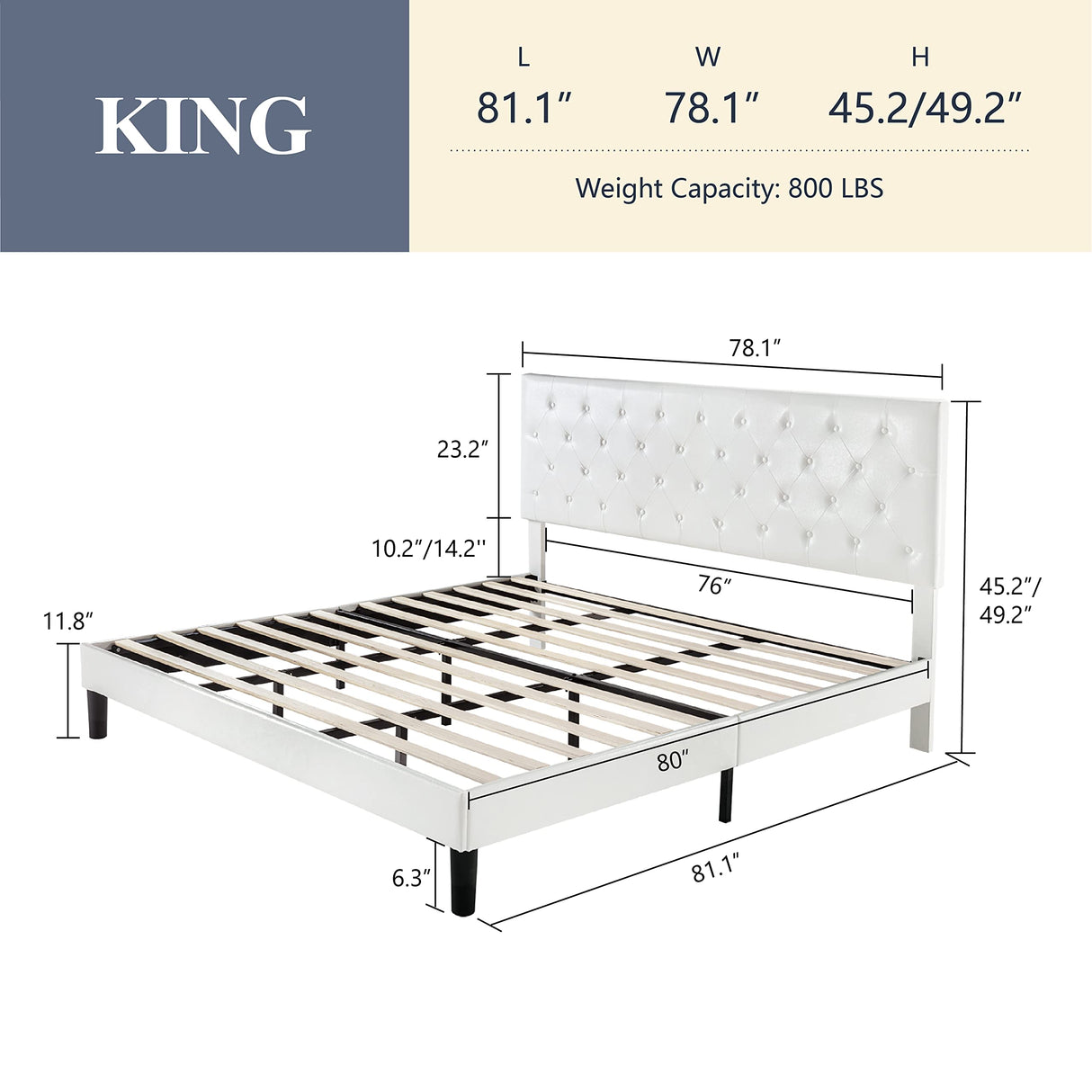 King Bed Frame with Adjustable Diamond Stitched Button Tufted Headboard