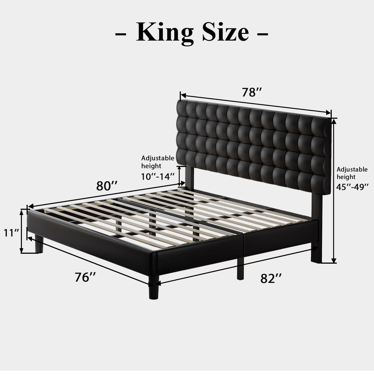 King Size Platform Bed Frame, Faux Leather Upholstered Bed Frame with Square Tufted