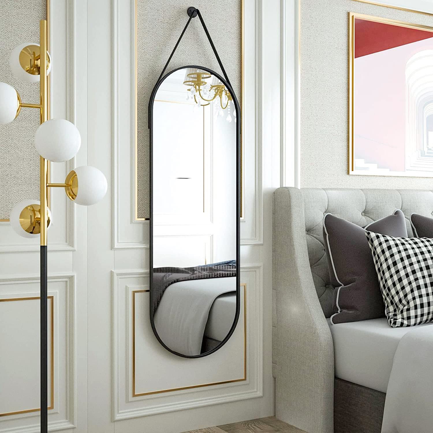 16"x48" Oval Hanging Mirror with Leather Strap Full Length Mirror Aluminum Frame Wall-Mounted Hanging Mirrors for Bathroom Vanity Living Room Bedroom Entryway Decor