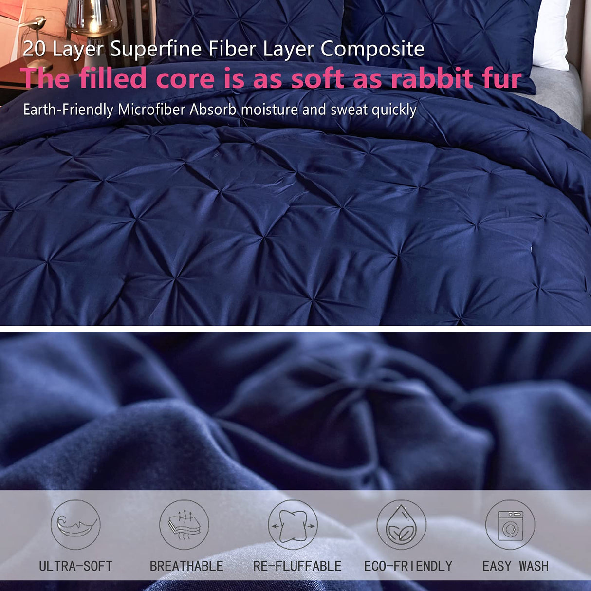 Pinch Pleated Navy Comforter Set Queen Size Bed, 3 Piece Pintuck Bedding Sets