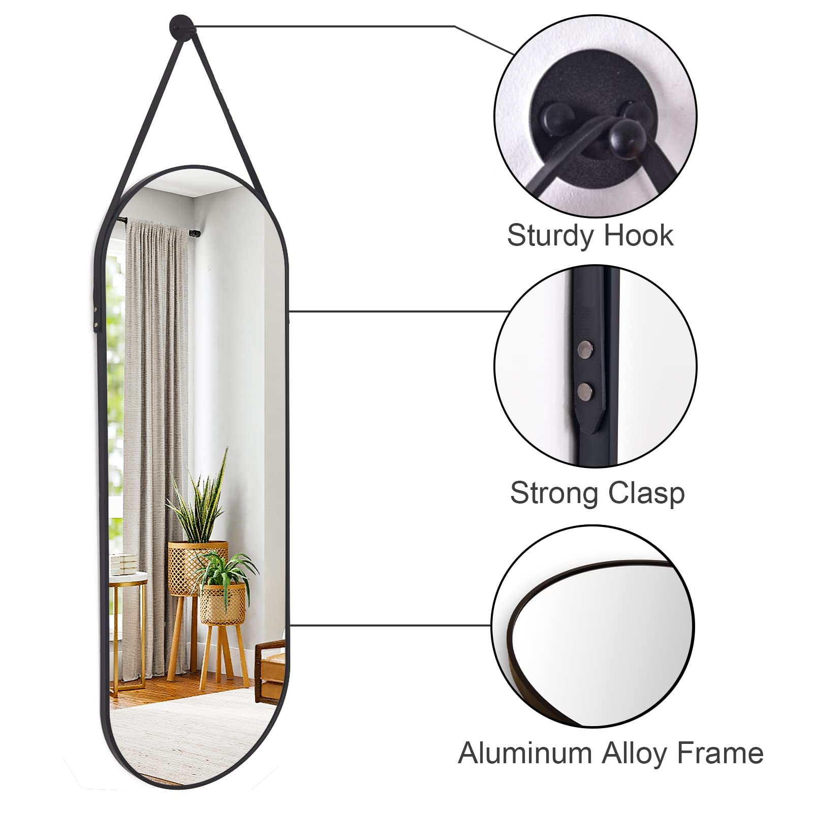 16"x48" Oval Hanging Mirror with Leather Strap Full Length Mirror Aluminum Frame Wall-Mounted Hanging Mirrors for Bathroom Vanity Living Room Bedroom Entryway Decor