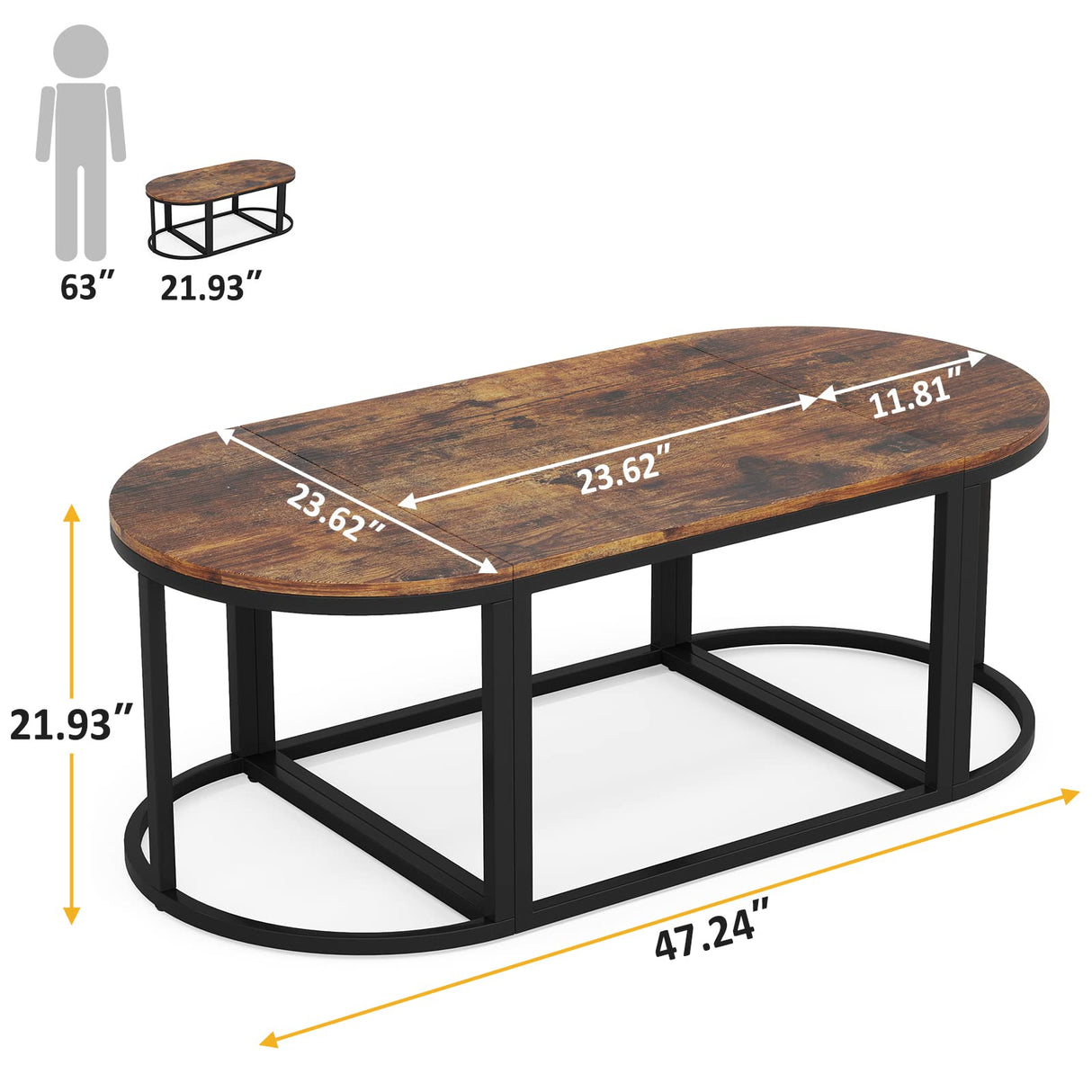 , Grand 47" Mid-Century 3 in1 Multi-Functional Detachable Oval Coffee Table