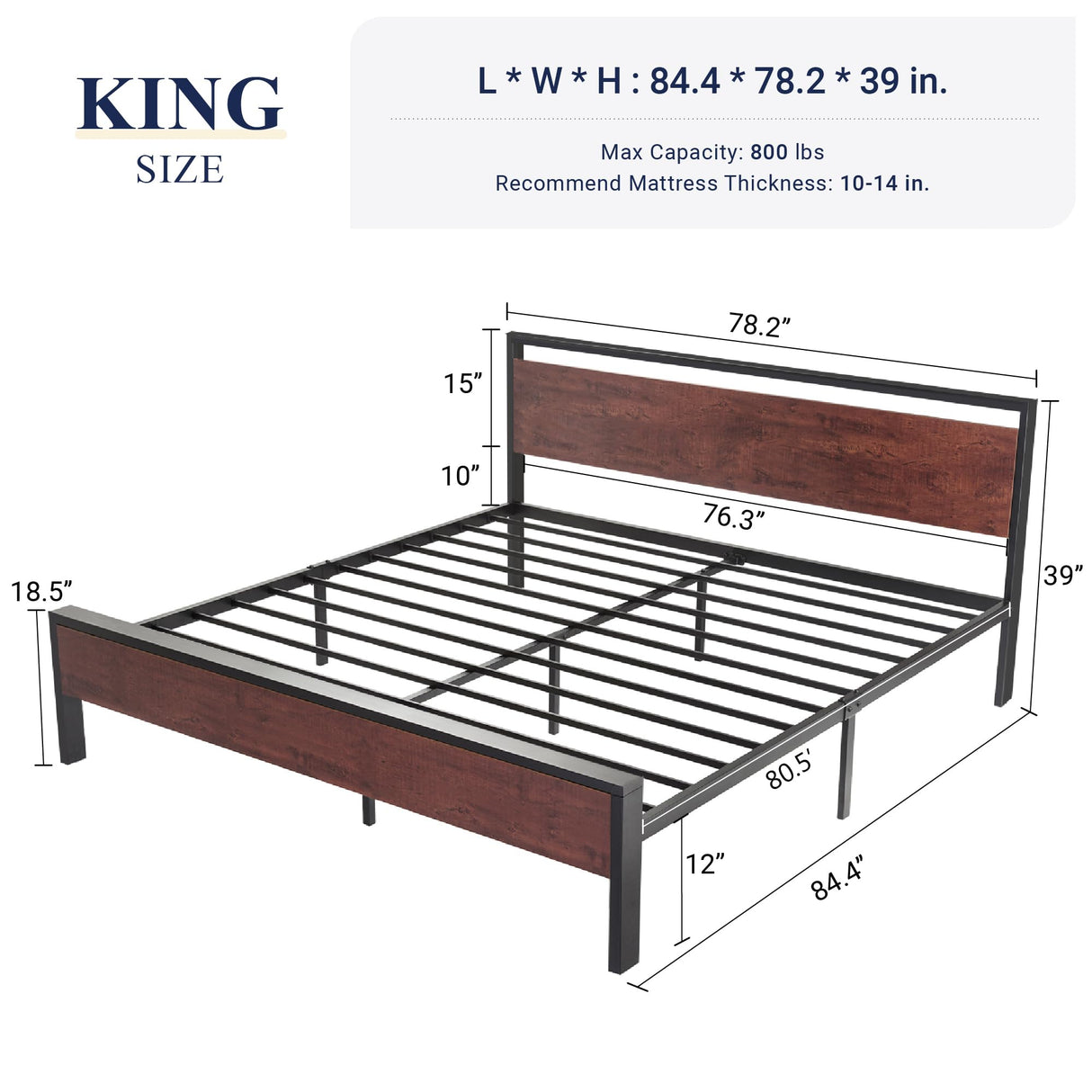 King Size Platform Bed Frame with Wooden Headboard and Footboard