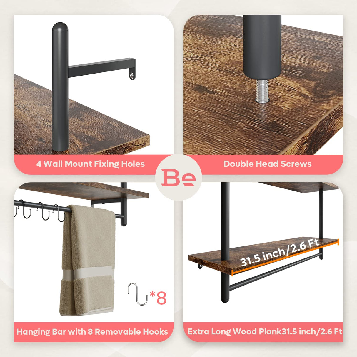 Pipe Shelf Industrial Floating Shelving Kitchen Wall-Mounted Shelf with Towel Bar Hooks
