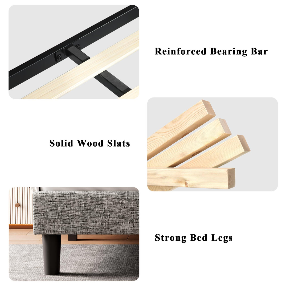 Queen Size Platform Bed Frame with Headboard, Upholstered Bed Frame with Solid Wood