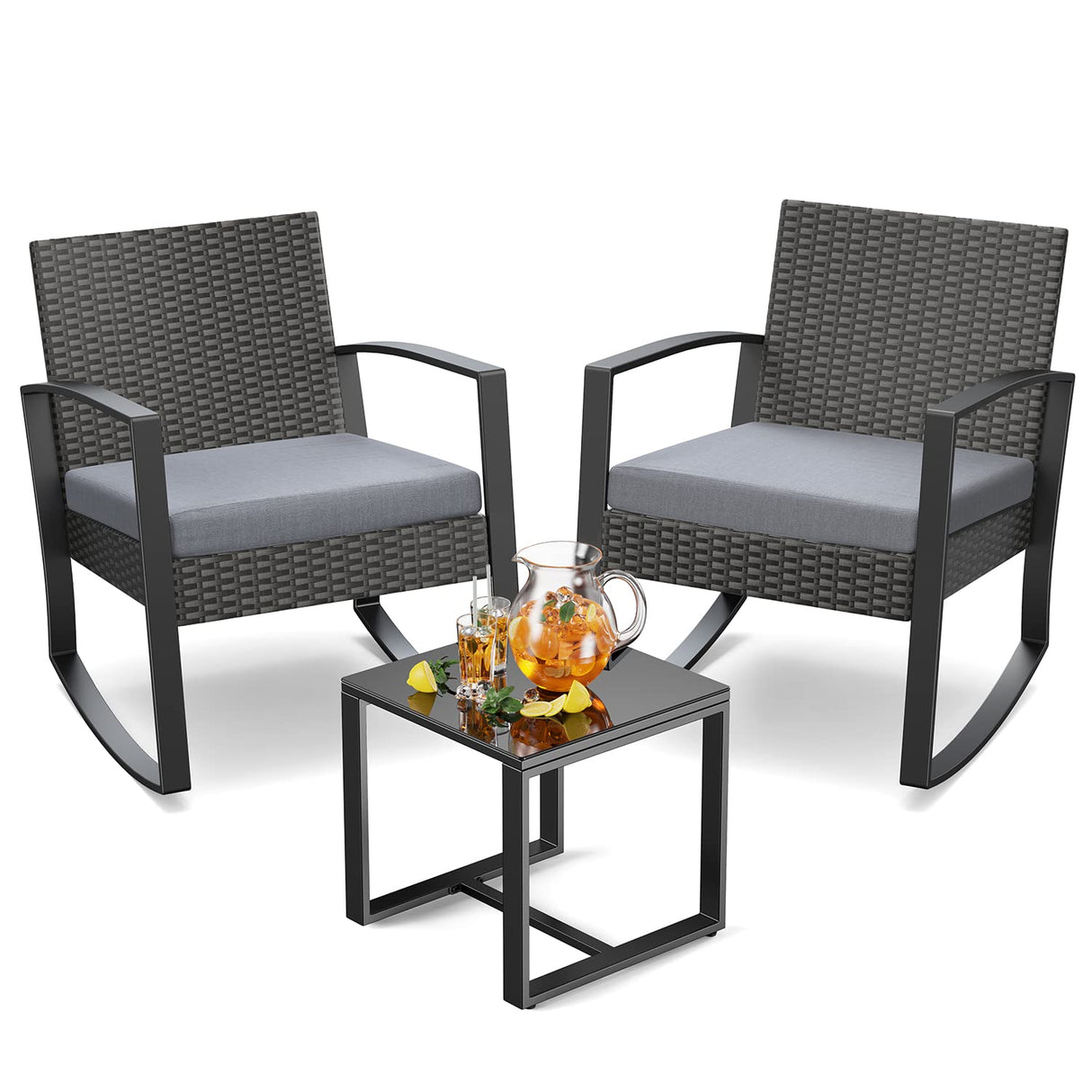 3 Pieces Wicker Patio Furniture Set, Modern Rocking Conversation Set