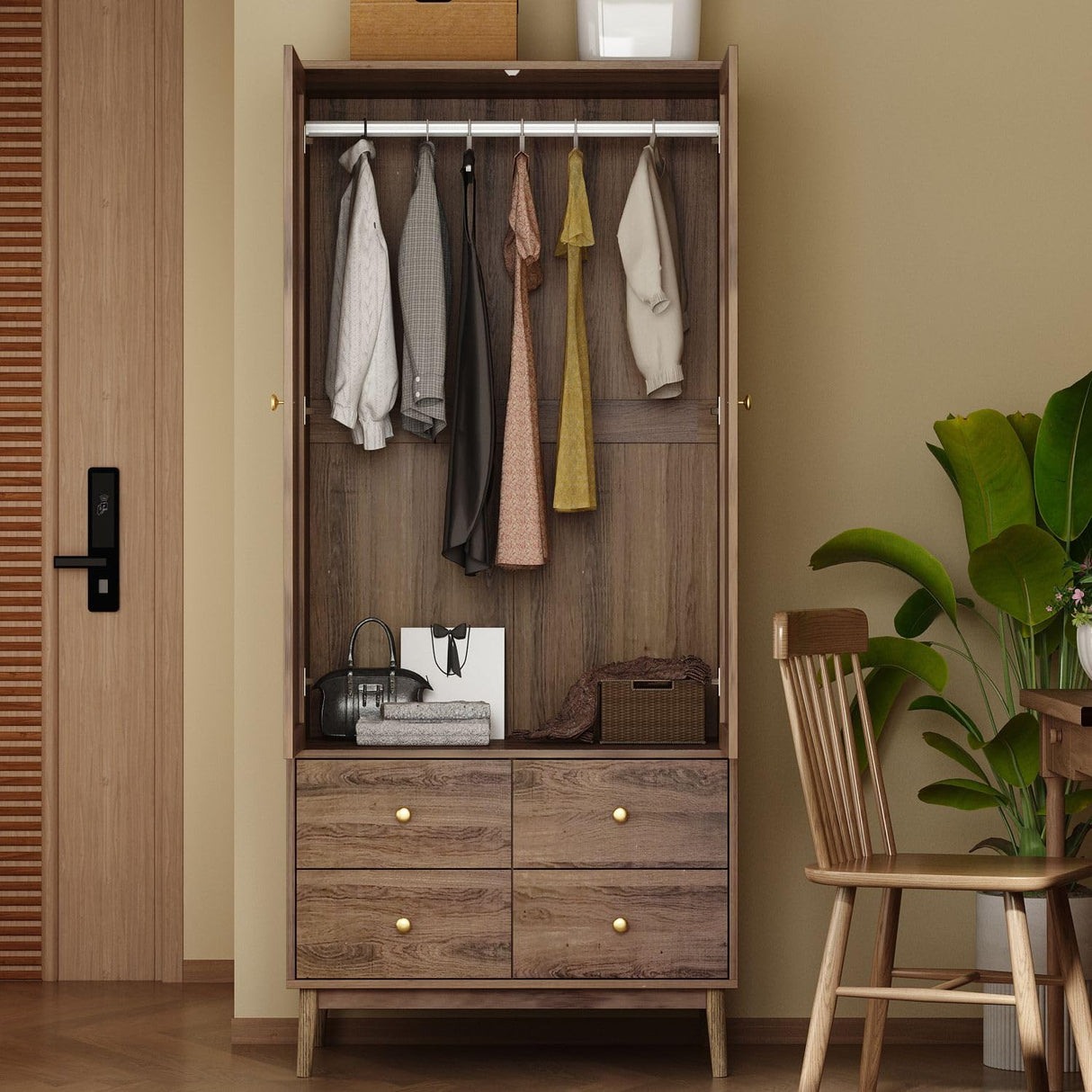 Farmhouse Armoire Wardrobe with Hanging Rod, Gold Metal Handles