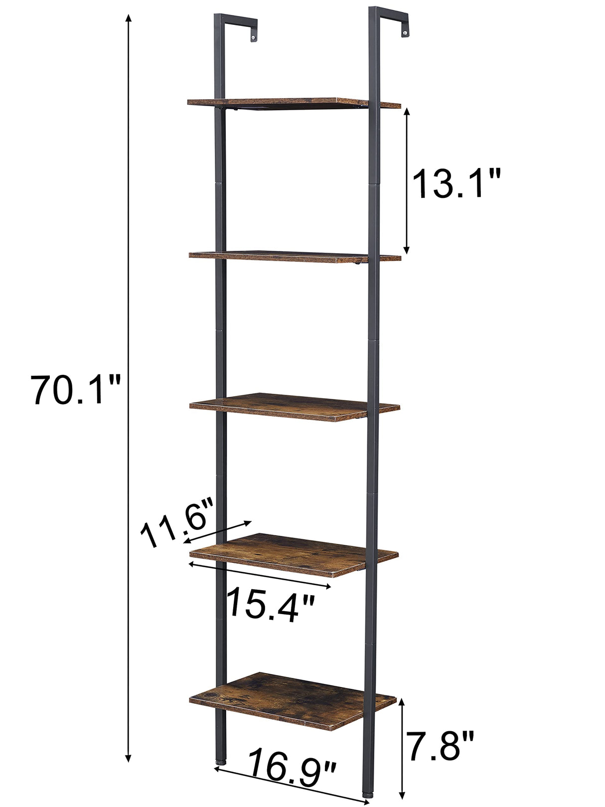 Industrial Bookcase, Ladder Shelf, 5-Tier Wood Wall Mounted Bookshelf