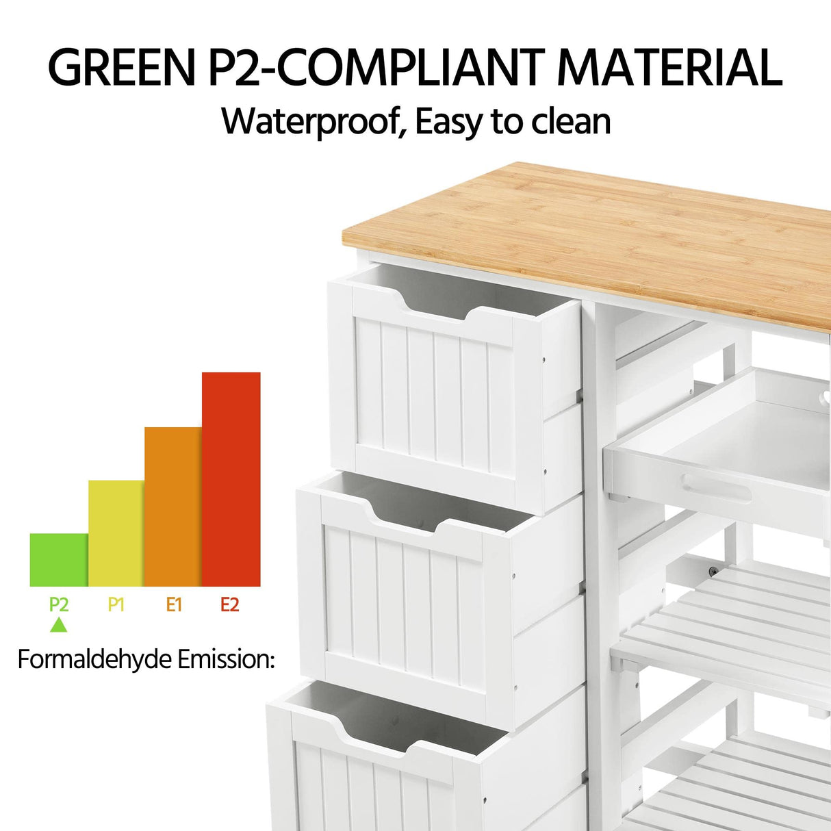 Kitchen Island Cart on Wheels with 3 Drawers and 3 Open Shelves