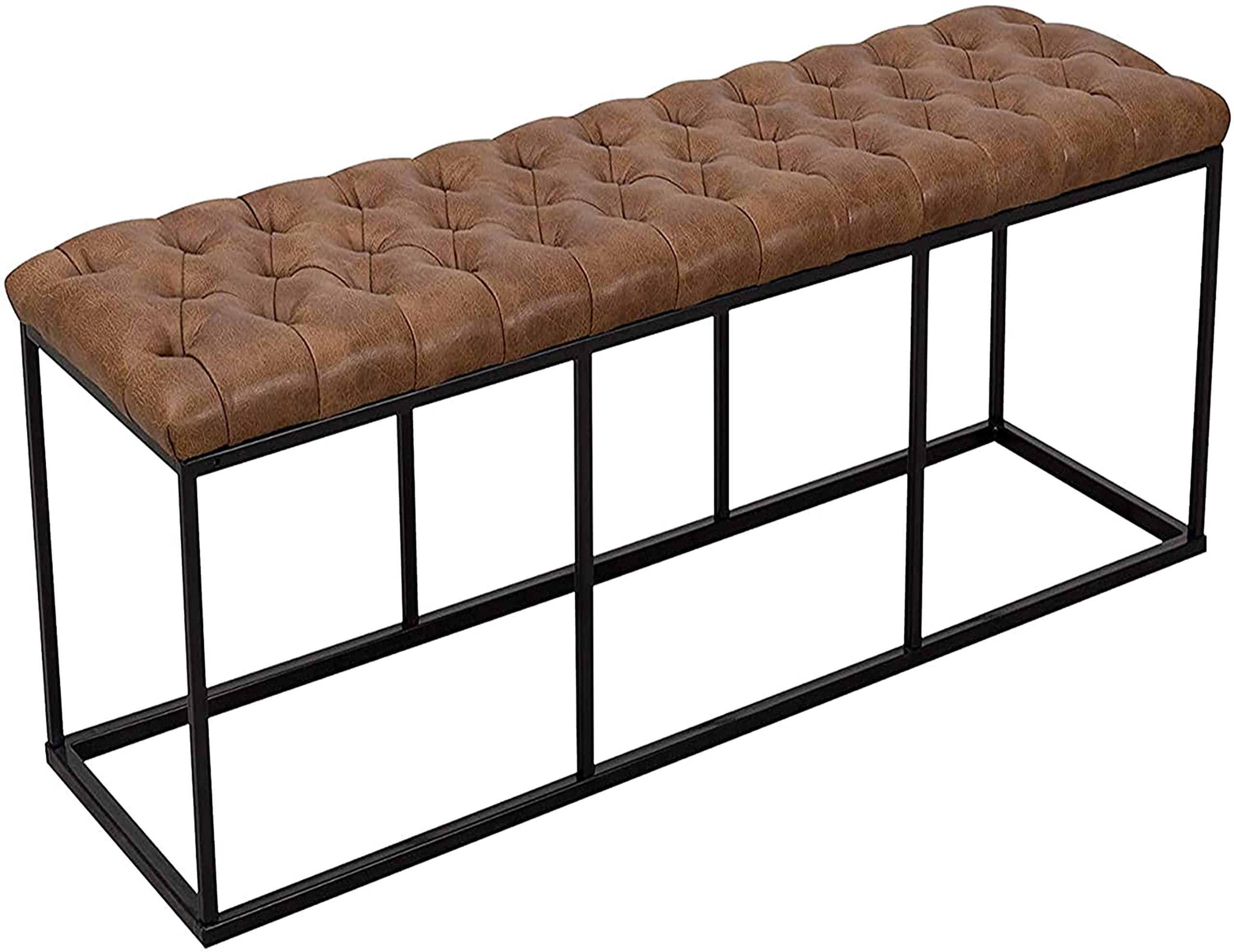 Faux Leather Button Tufted Decorative Bench with Metal Base, Brown