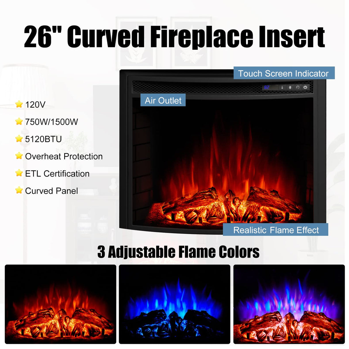 Curved Fireplace TV Stand with 26 Electric Fireplace