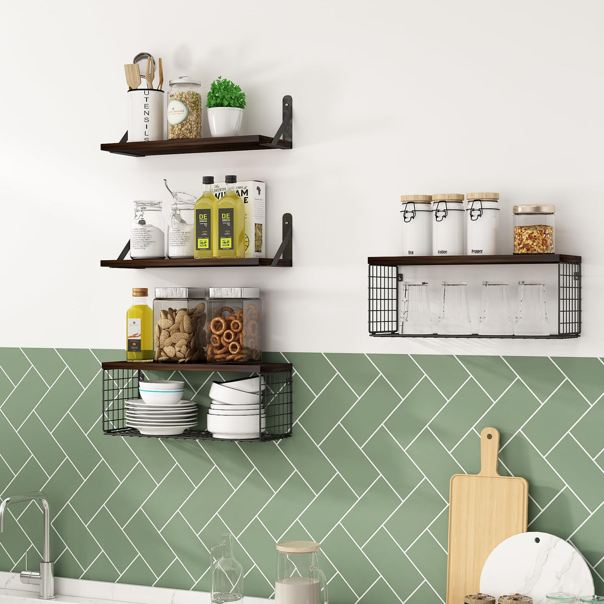 Wall Floating Shelves, Wall Mounted Shelf Set of 4, with Metal Baskets, Rustic DƩcor Style