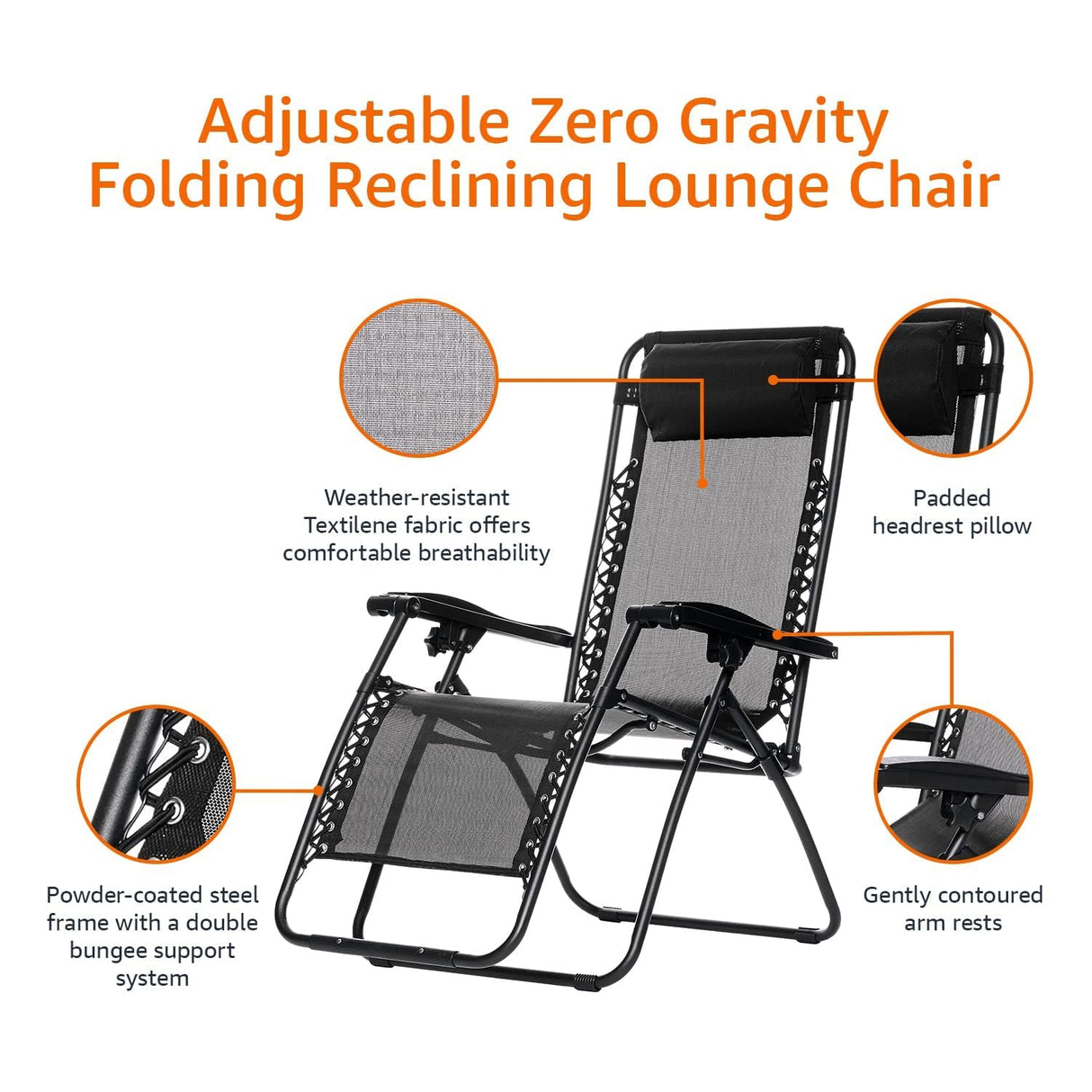 AirLounge 26" Zero Gravity Outdoor Recliner – Folding Chair with Headrest