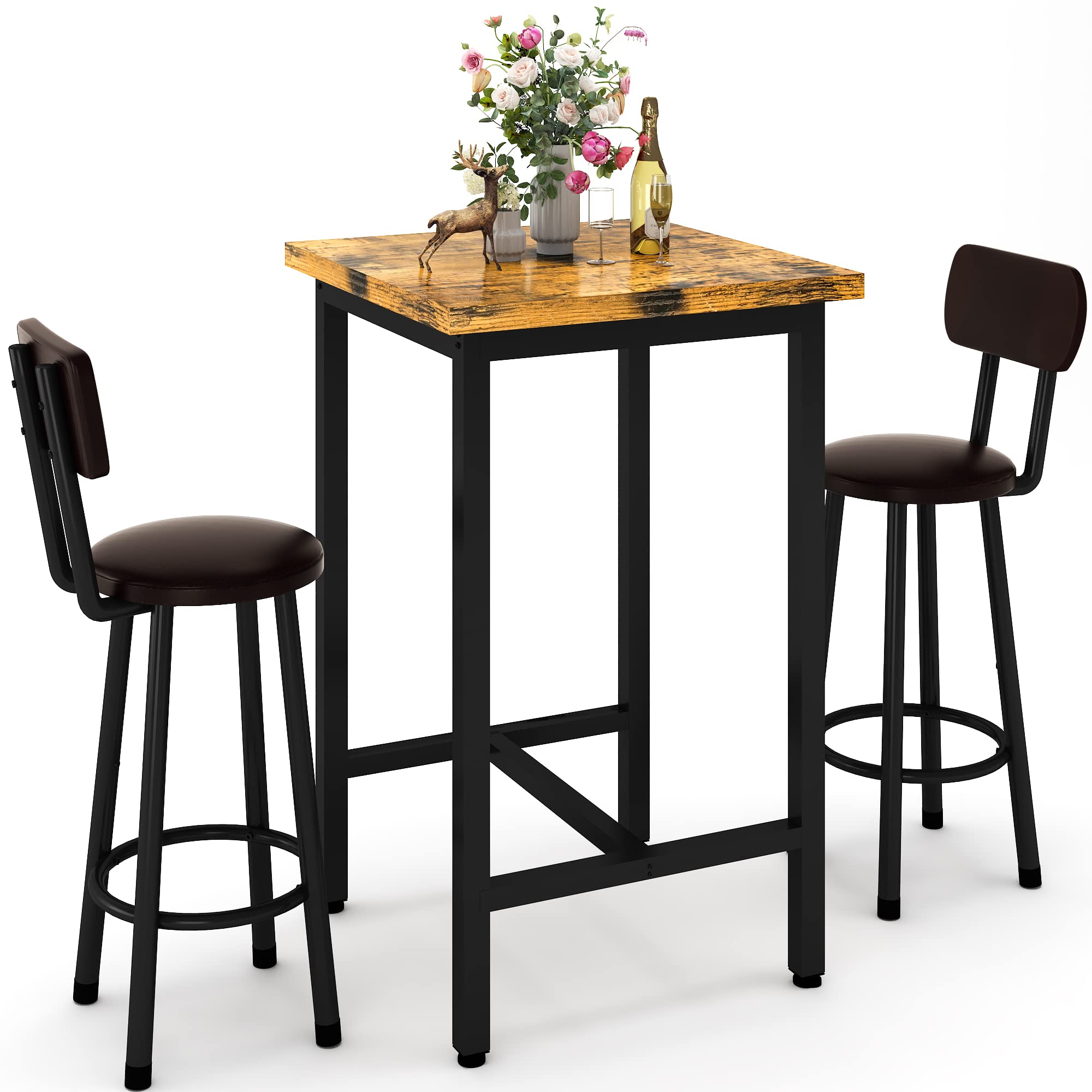 3 Piece Pub Dining Set, Modern bar Table and Stools for 2 Kitchen Counter