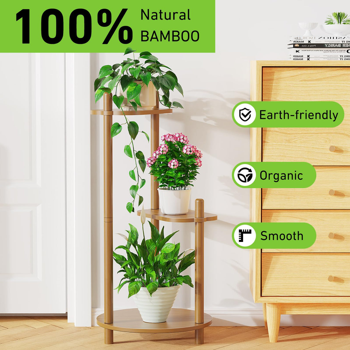 Enisudo 3-Tier Bamboo Plant Stand – Elegant Walnut Display Shelf