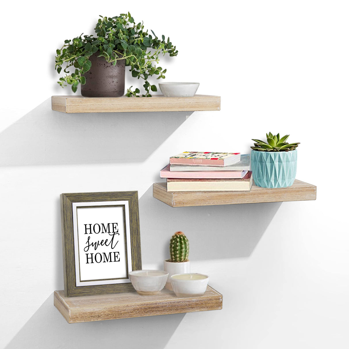 Floating Shelves, Wall Mounted Set of 3 Rustic Wooden Ledge Shelves Decorative