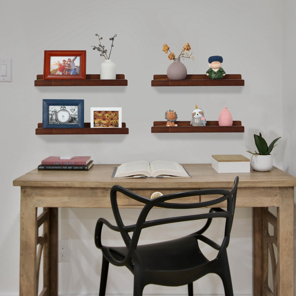 Picture Shelf with Ledge,Photo Ledge Shelves Set of 4,Rustic Wood Storage Display Wall