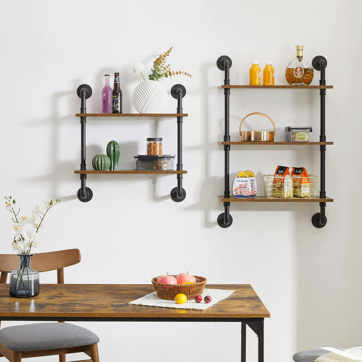 Industrial Pipe Shelf Bracket, 2 Tiers Retro Wall Mounted Floating Shelf, Wood DIY
