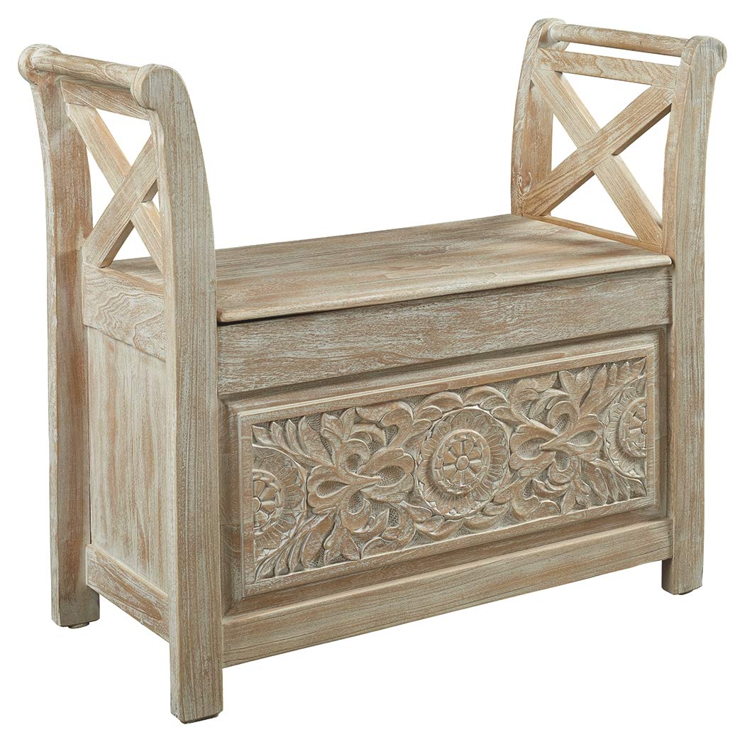 Fossil Ridge Boho Storage Accent Bench, Vintage White