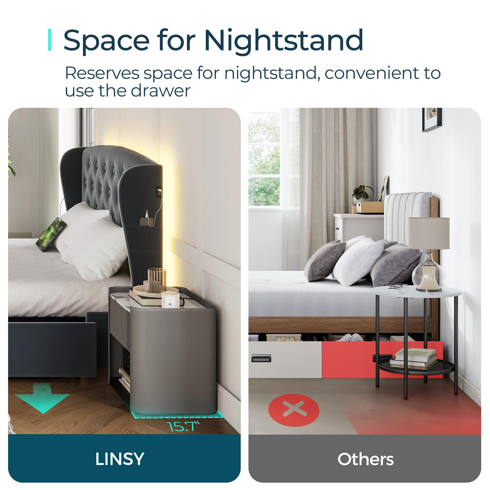 LumeRest LED Bed – Upholstered Platform with Storage Drawers & RGB Lights