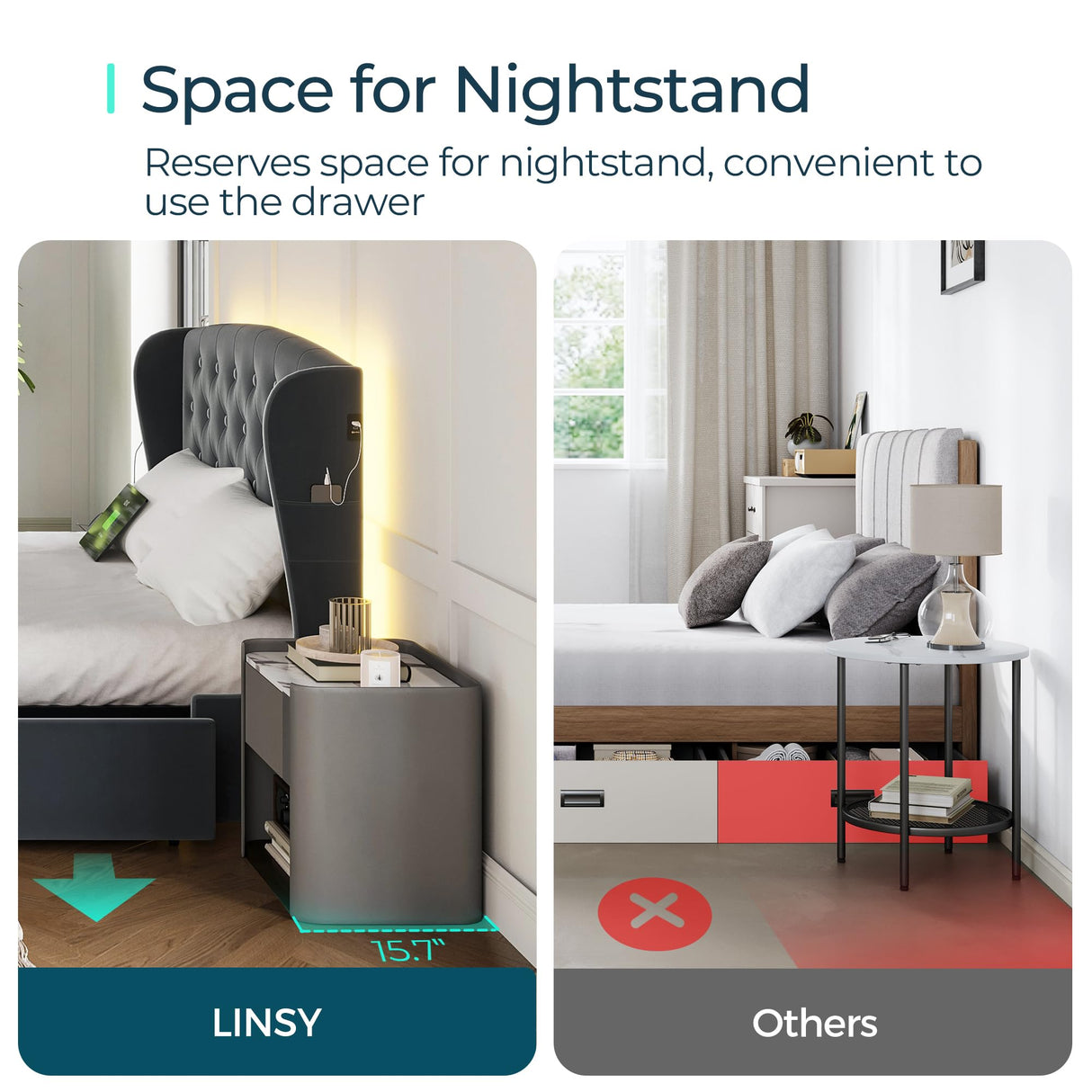 LumeRest LED Bed – Upholstered Platform with Storage Drawers & RGB Lights