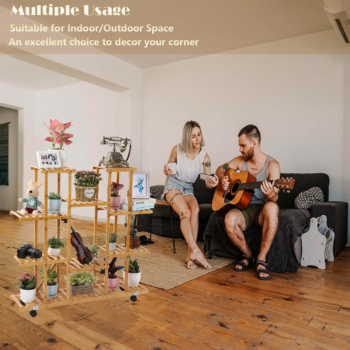 9-Tier Bamboo Plant Stand with Wheels – Multi-Pot Rolling Rack