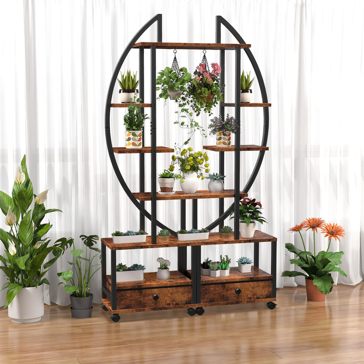 FRIZIONE 6-Tier Rustic Brown Metal Plant Stand – Multi-Layer Rolling Display Shelf