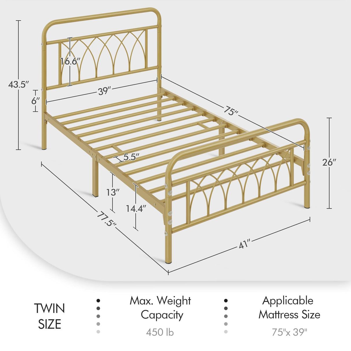 Twin Bed Frame Metal Platform Bed with Petal Accented Headboard/Footboard/14.4 Inch