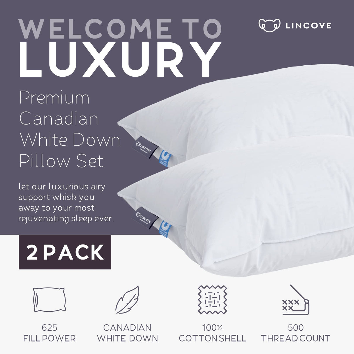 Cloud Natural Canadian White Down Luxury Sleeping Pillow Fill Power,
