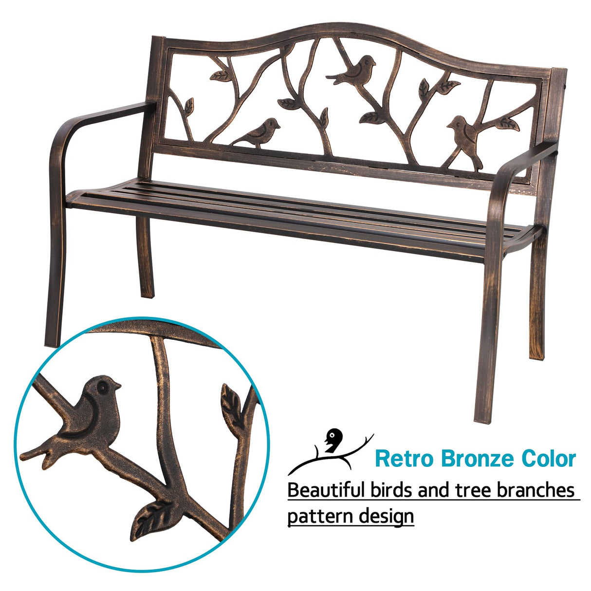 50" Outdoor Garden Bench,Patio Metal Frame Park Bench with Bird Backrest