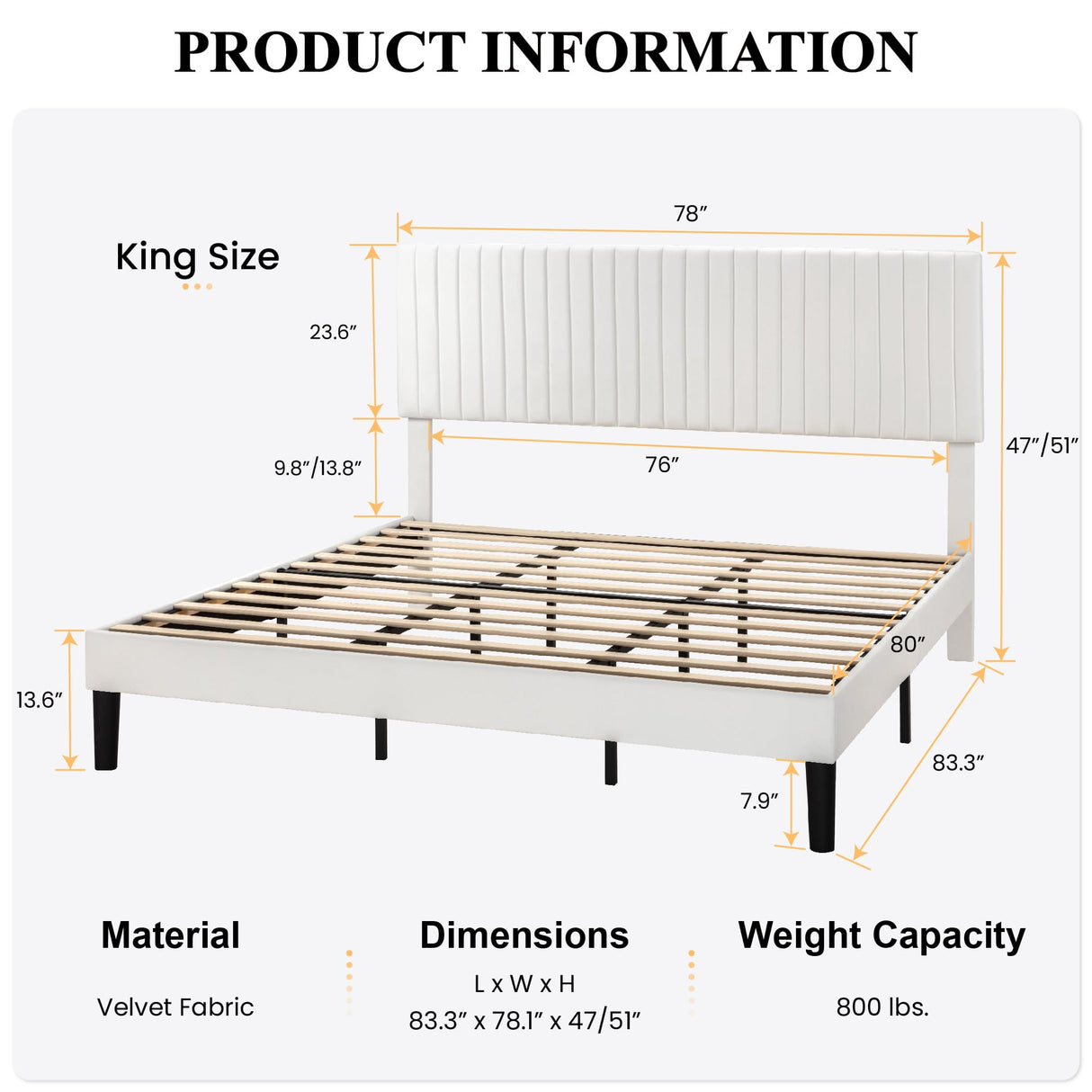 King Upholstered Platform Bed Frame with Vertical Channel Tufted Velvet
