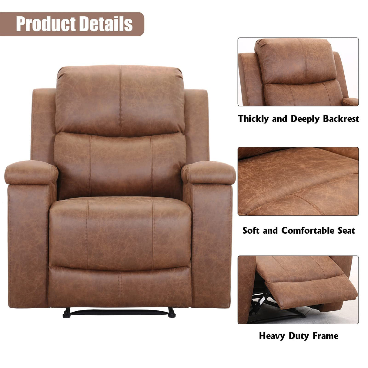 LuxeCove Manual Recliner Chair – Faux Leather, 145° Recline & Hidden Cup Holders