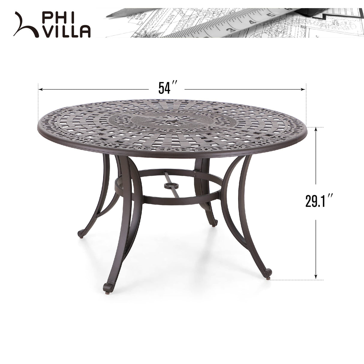 Cast Round Tables for 6 Person, 54" Dia Engraved Cast-Top Table