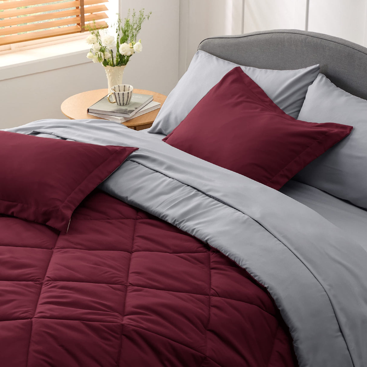 Burgundy Queen Comforter Set - 7 Pieces Reversible Queen Bed in a Bag Queen Bed Set