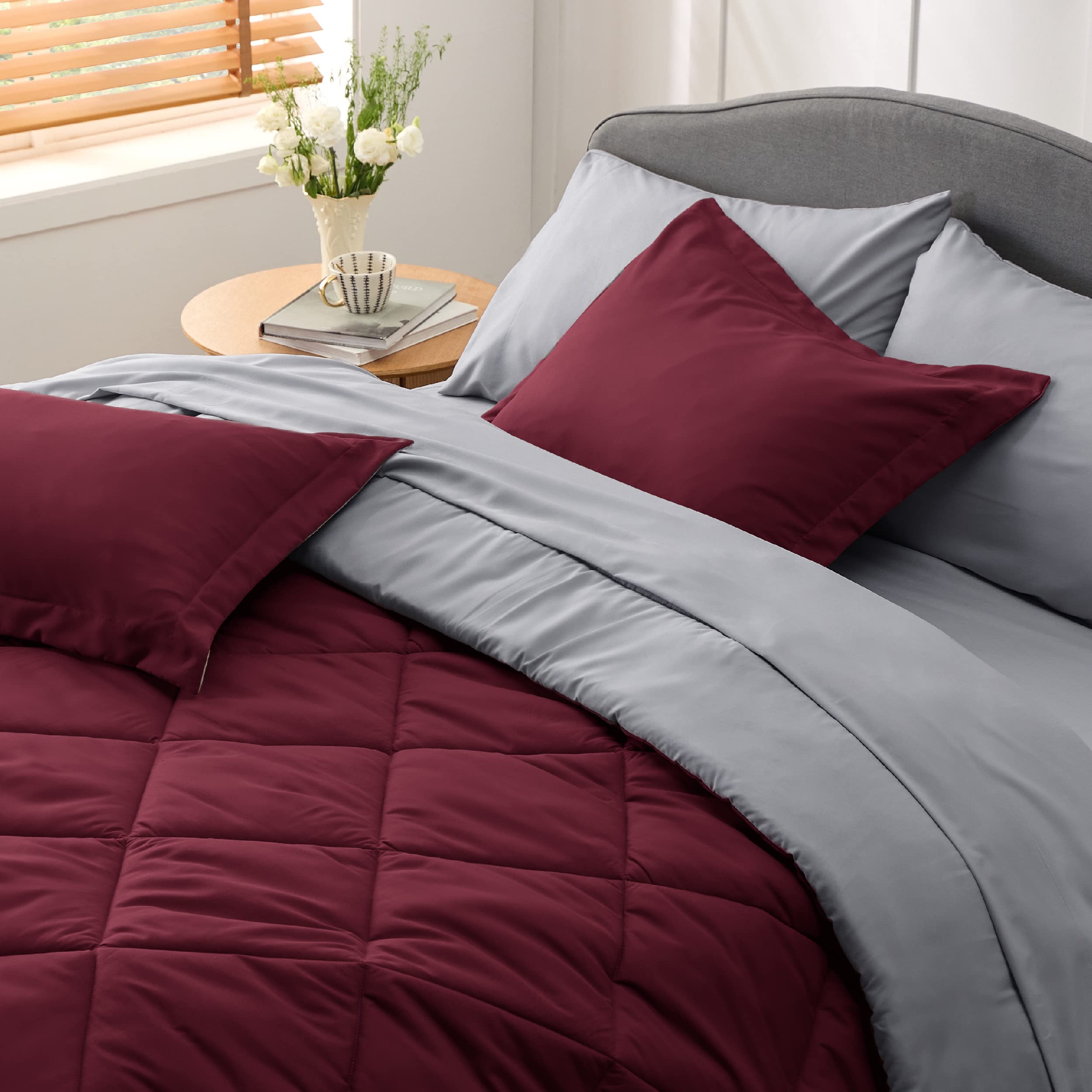 Burgundy Queen Comforter Set - 7 Pieces Reversible Queen Bed in a Bag Queen Bed Set
