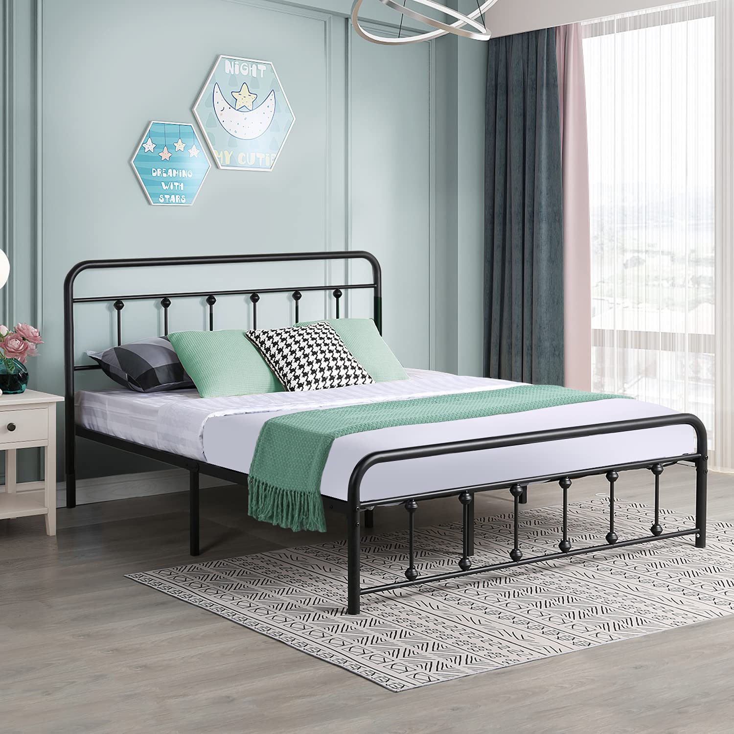 Metal Bed Frame Queen Size Platform with Vintage Style Headboard