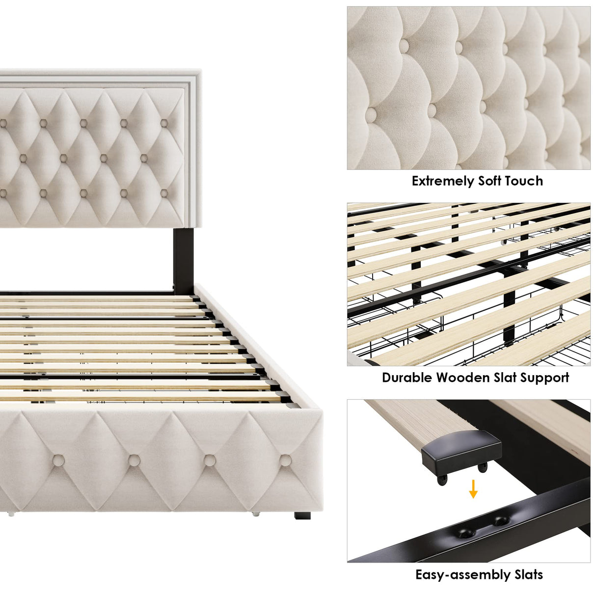 Queen Upholstered LED Bed Frame with 4 Drawers, Velvet Platform Storage Bed