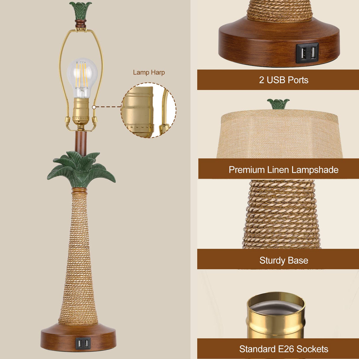 Set of 2 Coastal Palm Tree Table Lamps with 2 USB Ports