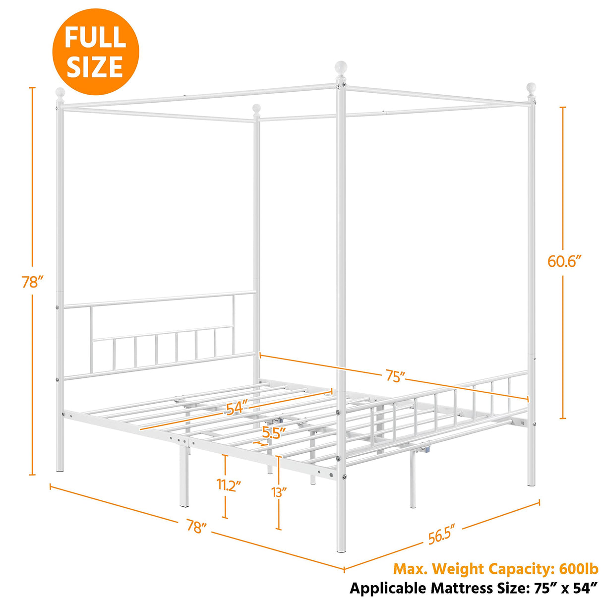 Metal Canopy Platform Bed Frame Four-Poster Canopied Bed Mattress Foundation