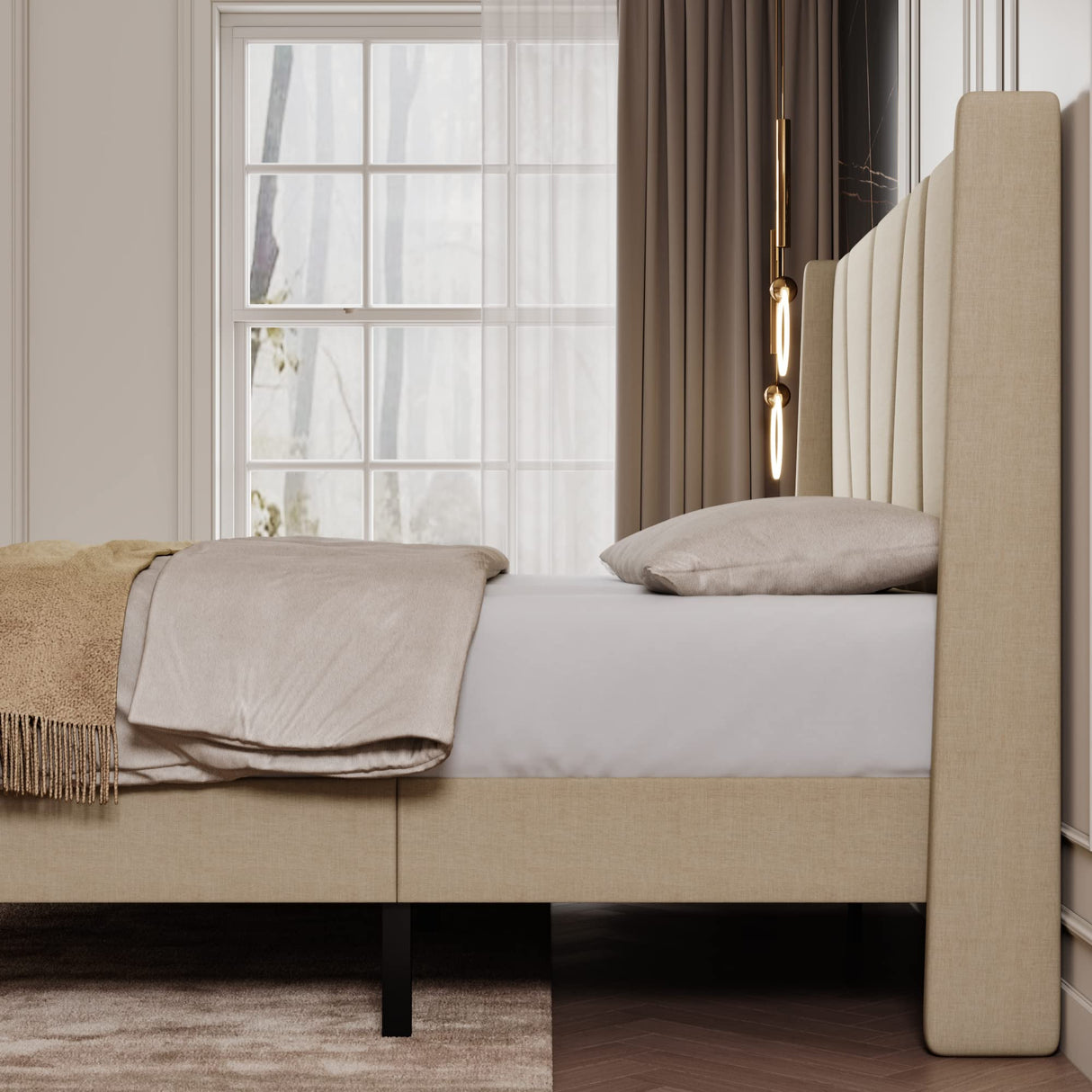 King Size Bed Frame with Geometric Wingback Headboard, Upholstered Platform Bed