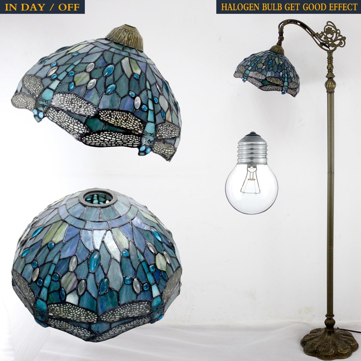 Tiffany Floor Lamp Sea Blue Stained Glass Dragonfly